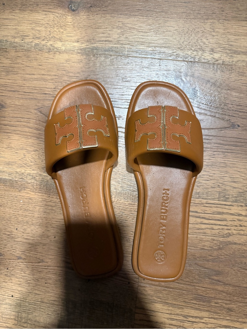 Tory Burch Tan Leather Logo Slide Sandals
